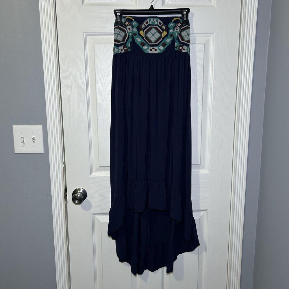 THML Dress Women's Large Blue Embroidered Geometric Strapless High Low Boho